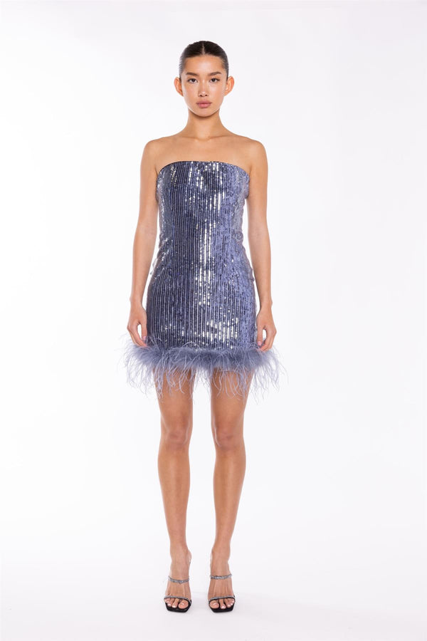 glamorous Blue-Sequin Feather-Hem Mini-Dress