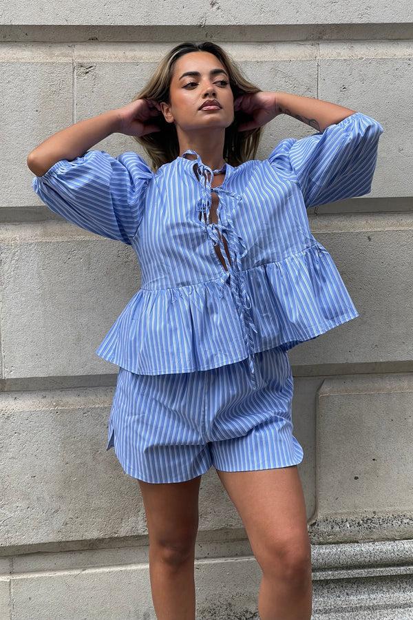 glamorous Blue-Stripe Side Split Shorts