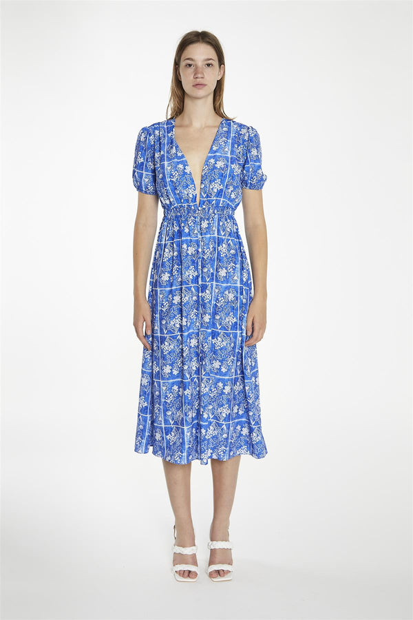 glamorous Blue-Tile Button-Front Midaxi-Dress