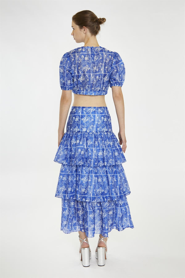 Glamorous Blue-Tile Organza Puff Sleeve Crop-Top