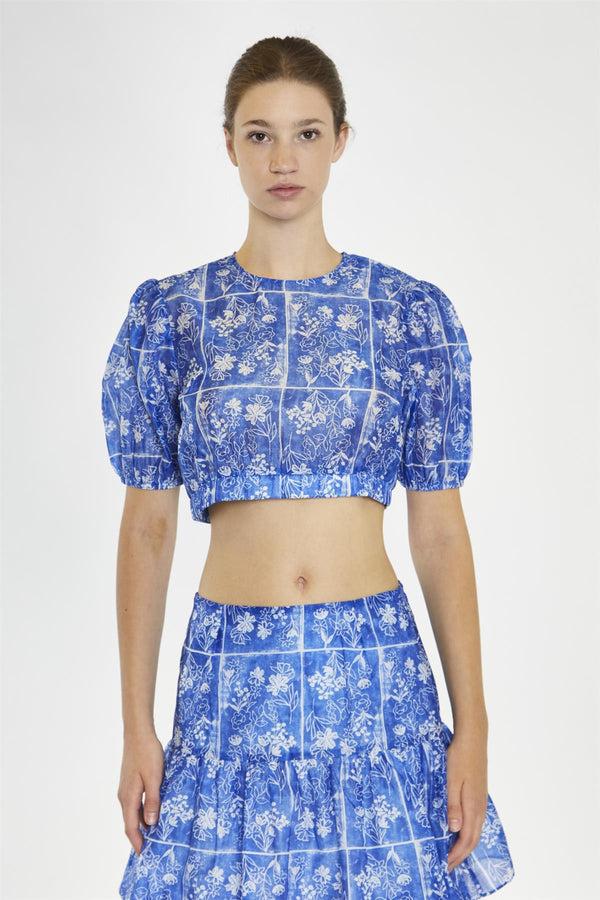 Glamorous Blue-Tile Organza Puff Sleeve Crop-Top