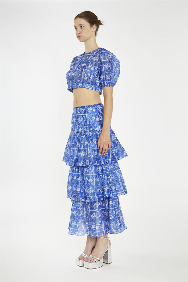 Glamorous Blue-Tile Organza Puff Sleeve Crop-Top