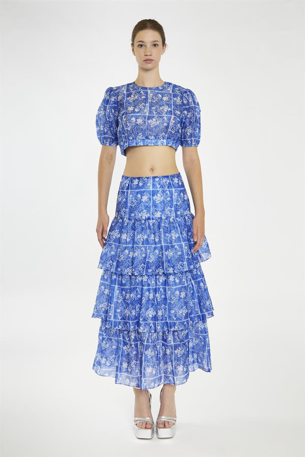 glamorous Blue-Tile Organza Puff Sleeve Crop-Top