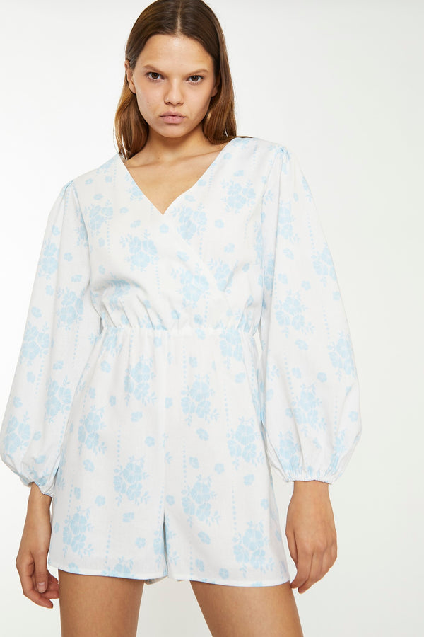 Glamorous Blue Wallpaper Floral Wrap Playsuit