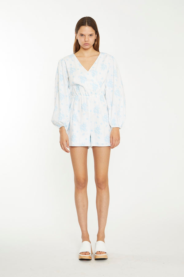 glamorous Blue Wallpaper Floral Wrap Playsuit