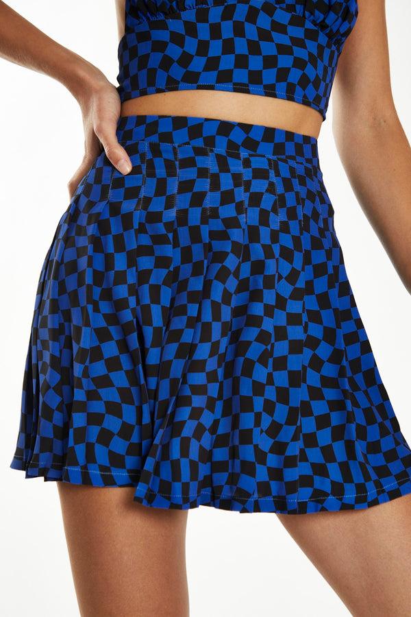 Glamorous Blue Warped Checkerboard Mini-Skirt