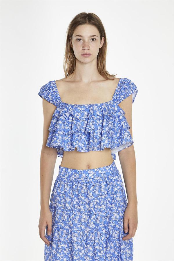 Glamorous Blue-Watercolour Floral Ruffle Crop-Tops