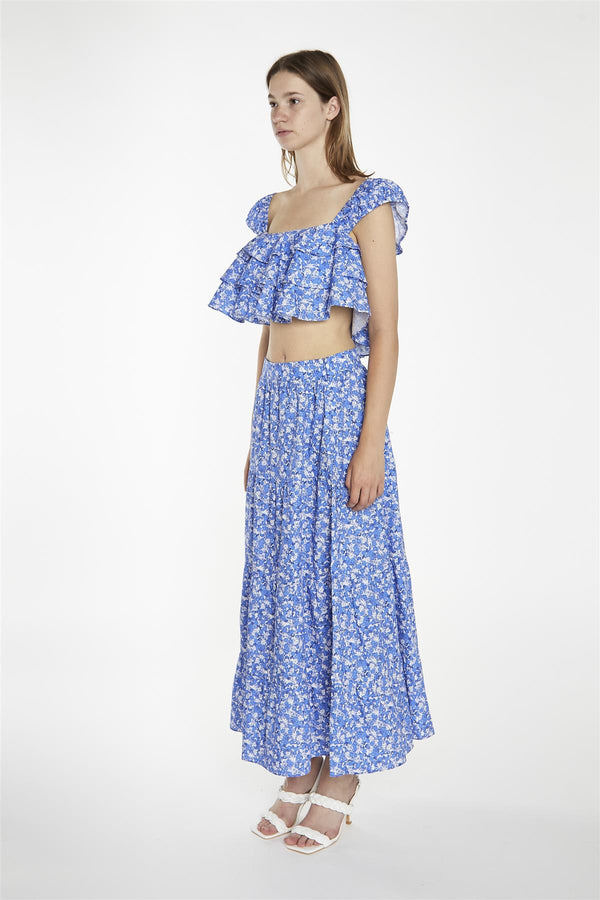 Glamorous Blue-Watercolour Floral Ruffle Crop-Tops