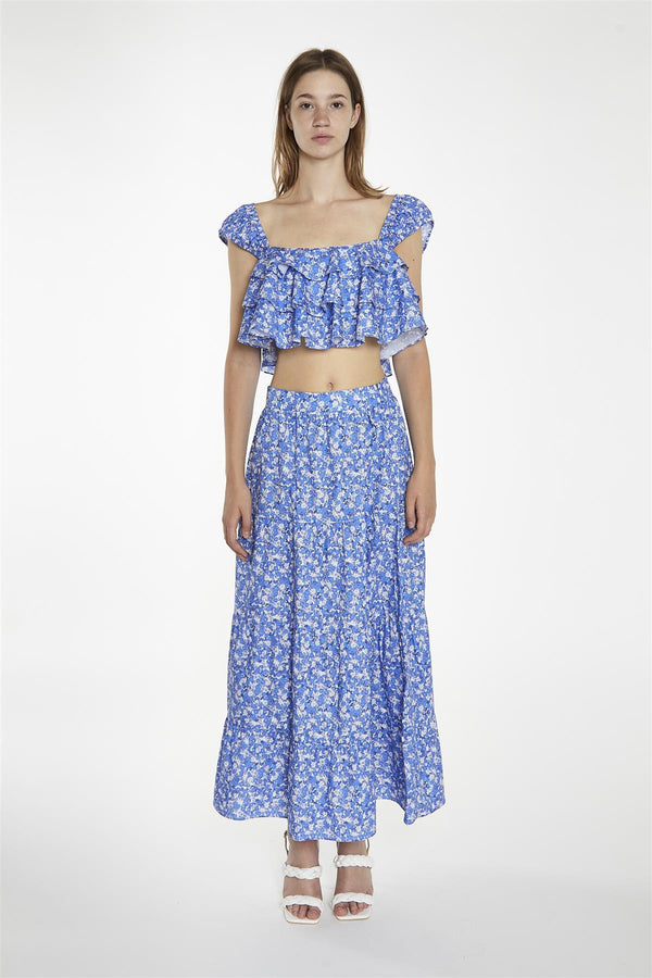glamorous Blue-Watercolour Floral Ruffle Crop-Tops