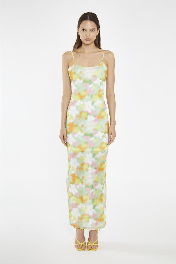 glamorous Blurred-Flower Mesh Bodycon Maxi-Dress