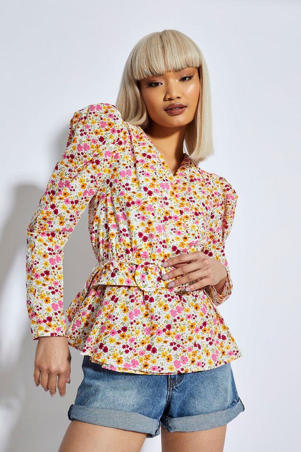 Glamorous Glamorous Bold Multi Flower Puff Shoulder Belted Blouse