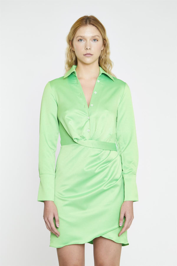 glamorous Bright-Green Wrapped Shirt Mini-Dress