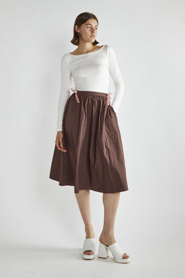 glamorous Brown Bow-Detail Midi-Skirt