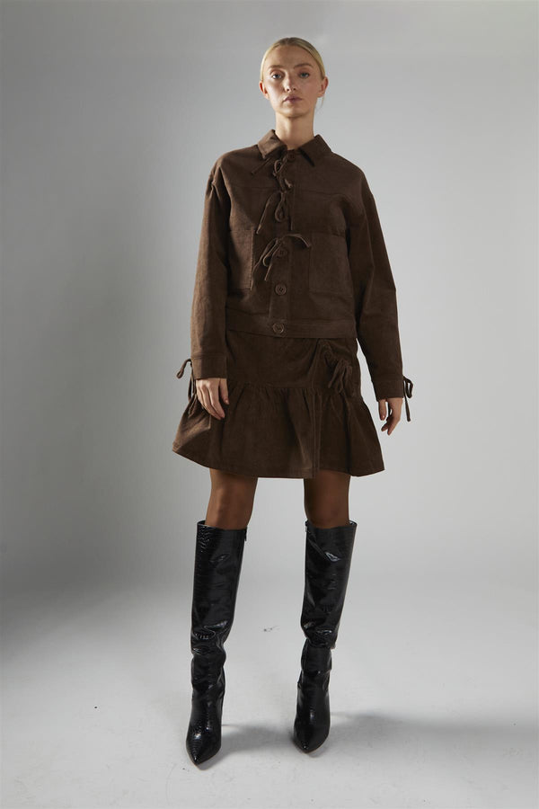glamorous Brown-Cord Tie-Front Jacket
