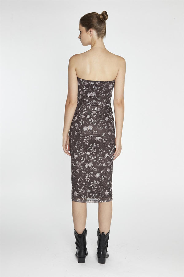 Glamorous Brown-Floral Mesh Bandeau Midi-Dress