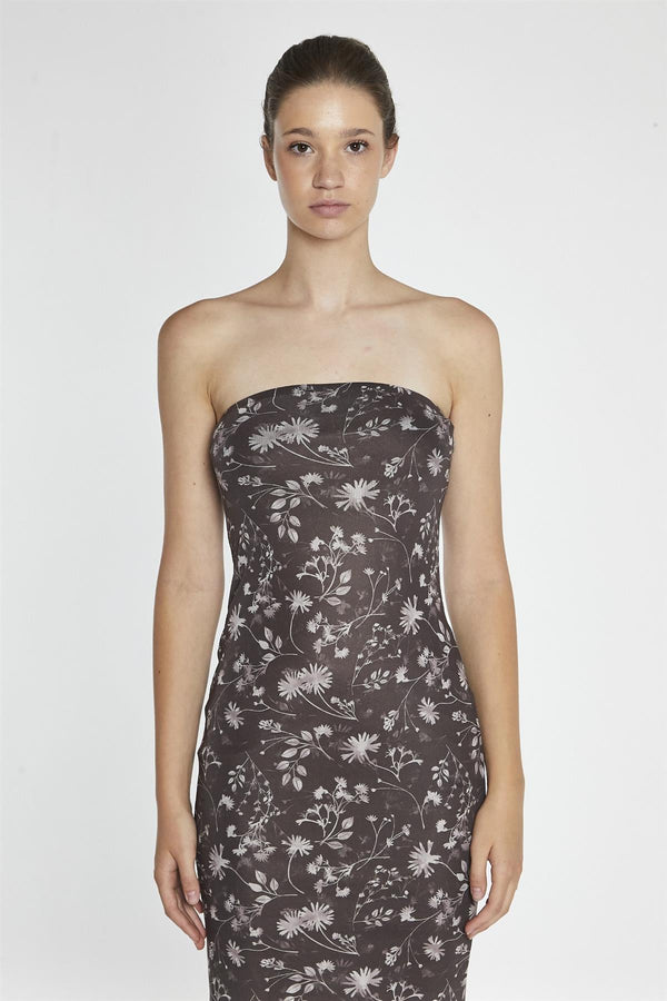 Glamorous Brown-Floral Mesh Bandeau Midi-Dress