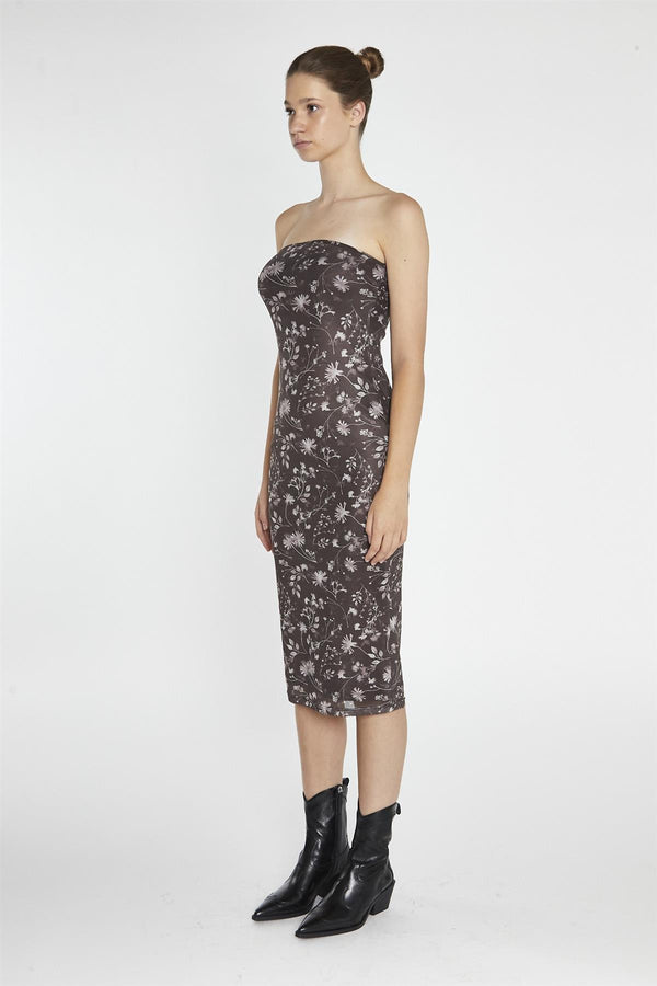 Glamorous Brown-Floral Mesh Bandeau Midi-Dress