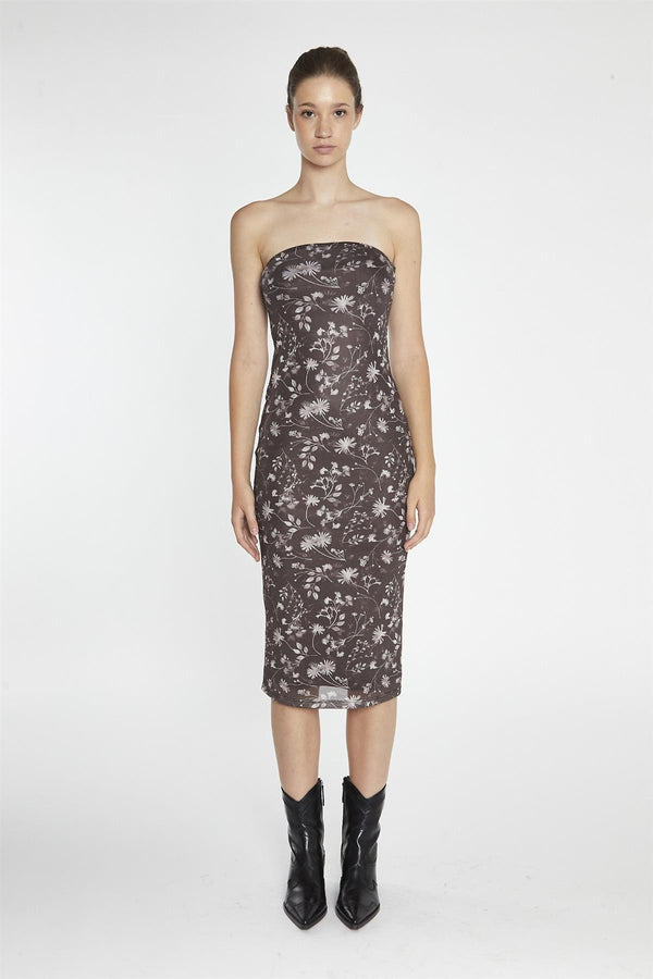 glamorous Brown-Floral Mesh Bandeau Midi-Dress