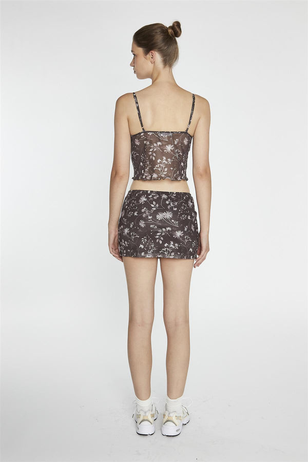Glamorous Brown-Floral Mesh Bodycon Mini-Skirt