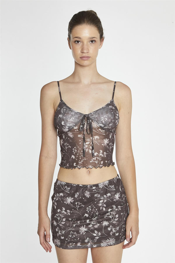 Glamorous Brown-Floral Mesh Bodycon Mini-Skirt