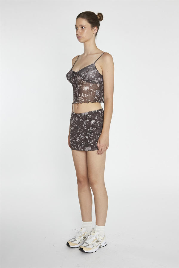 Glamorous Brown-Floral Mesh Bodycon Mini-Skirt