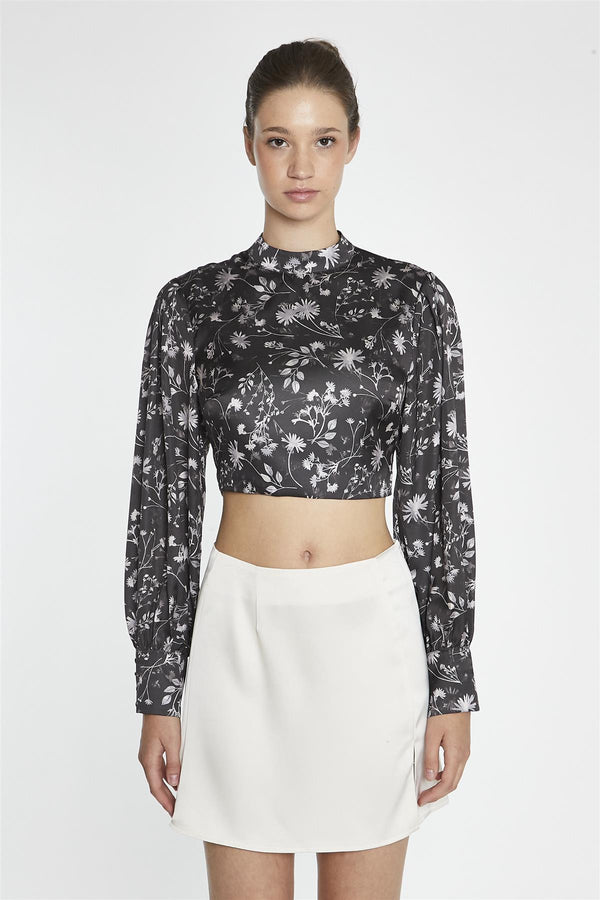 Glamorous Brown-Floral Tie-Back High-Neck Crop-Top