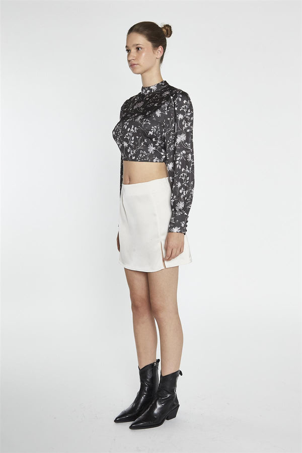 Glamorous Brown-Floral Tie-Back High-Neck Crop-Top