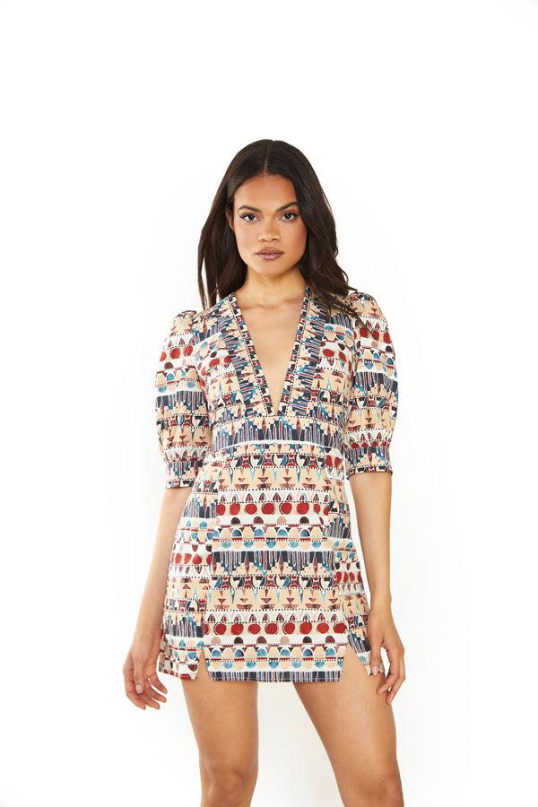 Glamorous Glamorous Brown Multi Tribal V- Neck Side Split Mini Dress