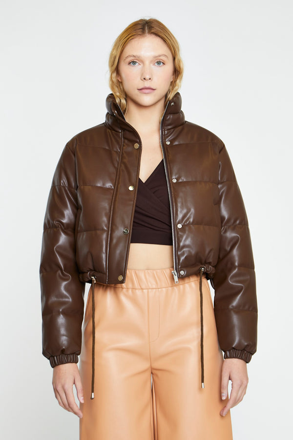 glamorous Brown PU Puffer Cropped-Jacket