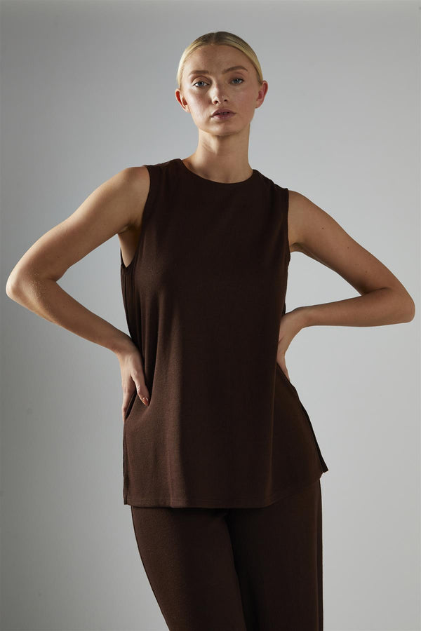 Glamorous Brown-Rib Sleeveless Loose-Top
