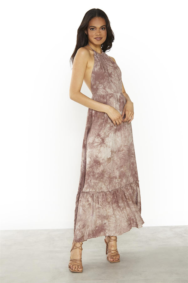 glamorous Brown Tie-Dye Halter-Neck Maxi-Dress