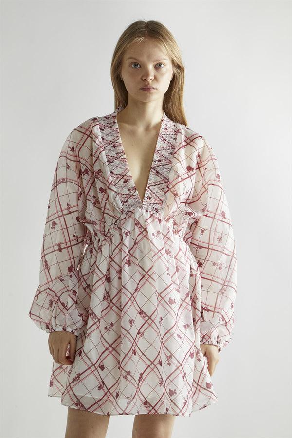 Glamorous Burgundy-Floral Check Skater Mini-Dress