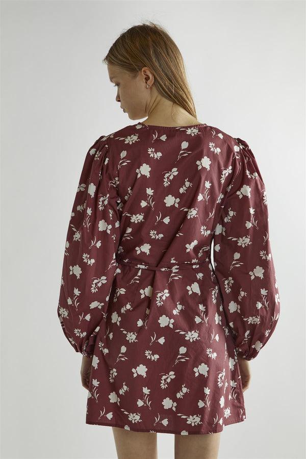 Glamorous Burgundy-Floral Wrap Mini-Dress