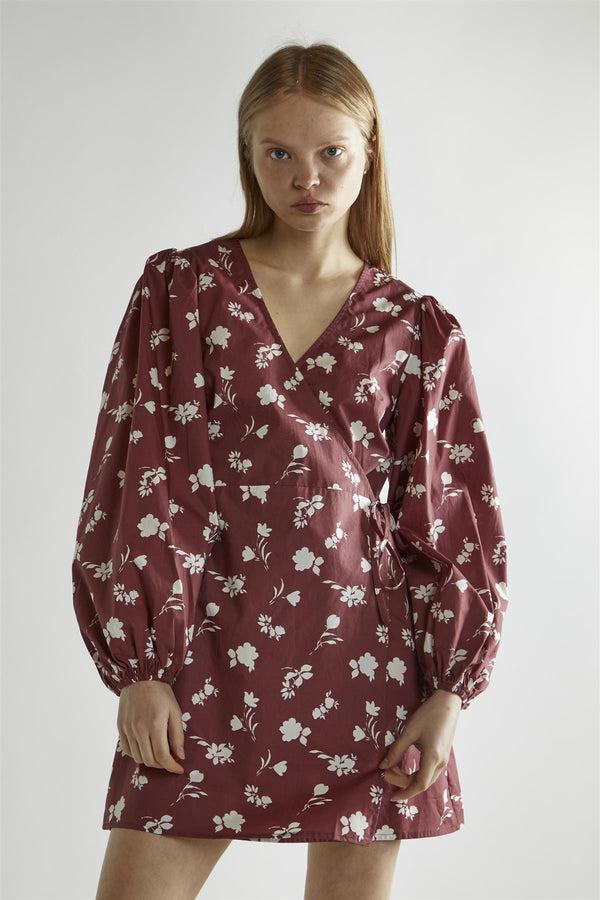 Glamorous Burgundy-Floral Wrap Mini-Dress