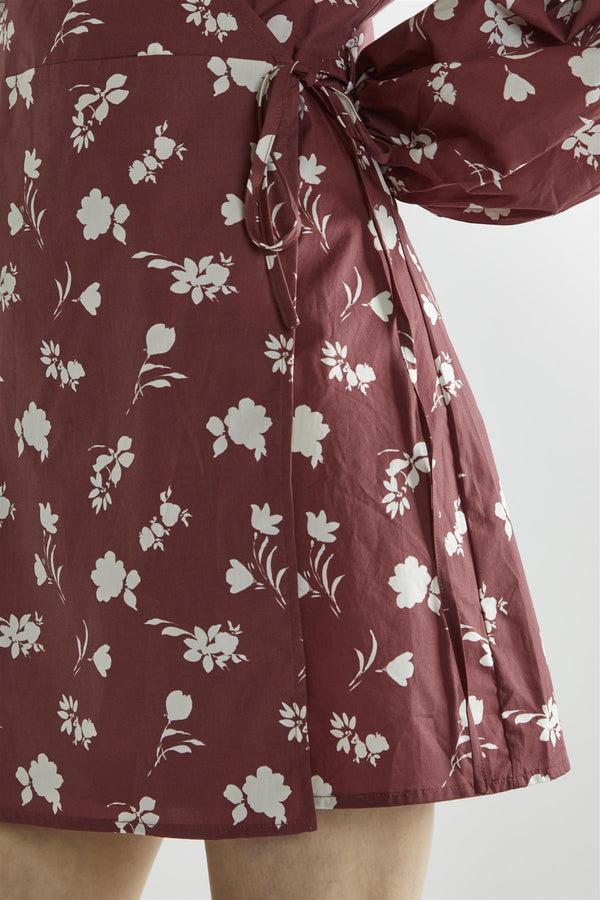 Glamorous Burgundy-Floral Wrap Mini-Dress