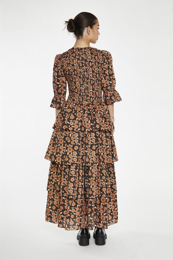 Glamorous Burnt-Orange Daisy Tiered Maxi-Dress