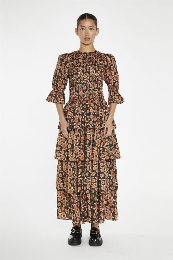 glamorous Burnt-Orange Daisy Tiered Maxi-Dress