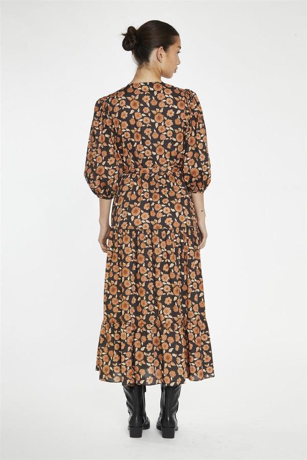 Glamorous Burnt-Orange Daisy Wrap Midi-Dress