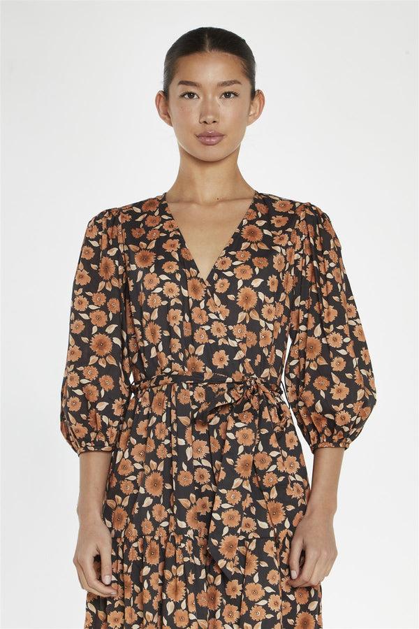 Glamorous Burnt-Orange Daisy Wrap Midi-Dress