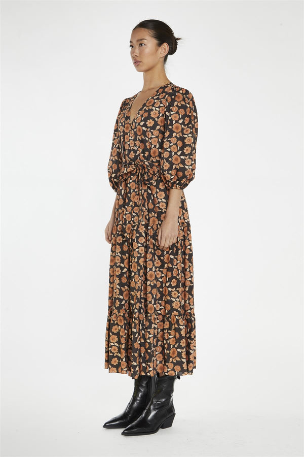 Glamorous Burnt-Orange Daisy Wrap Midi-Dress