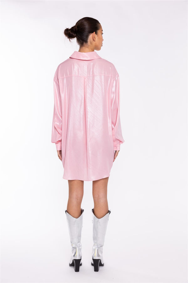 Glamorous Candy-Pink Shimmer Shirt Mini-Dress