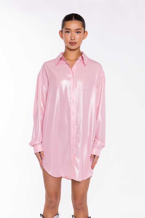 Glamorous Candy-Pink Shimmer Shirt Mini-Dress