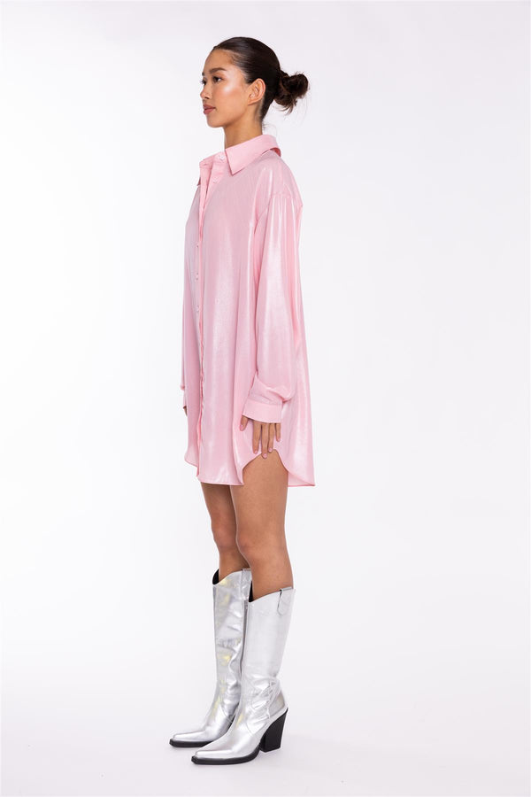 Glamorous Candy-Pink Shimmer Shirt Mini-Dress