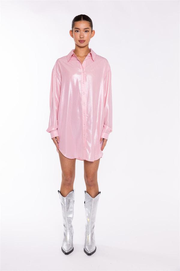 glamorous Candy-Pink Shimmer Shirt Mini-Dress