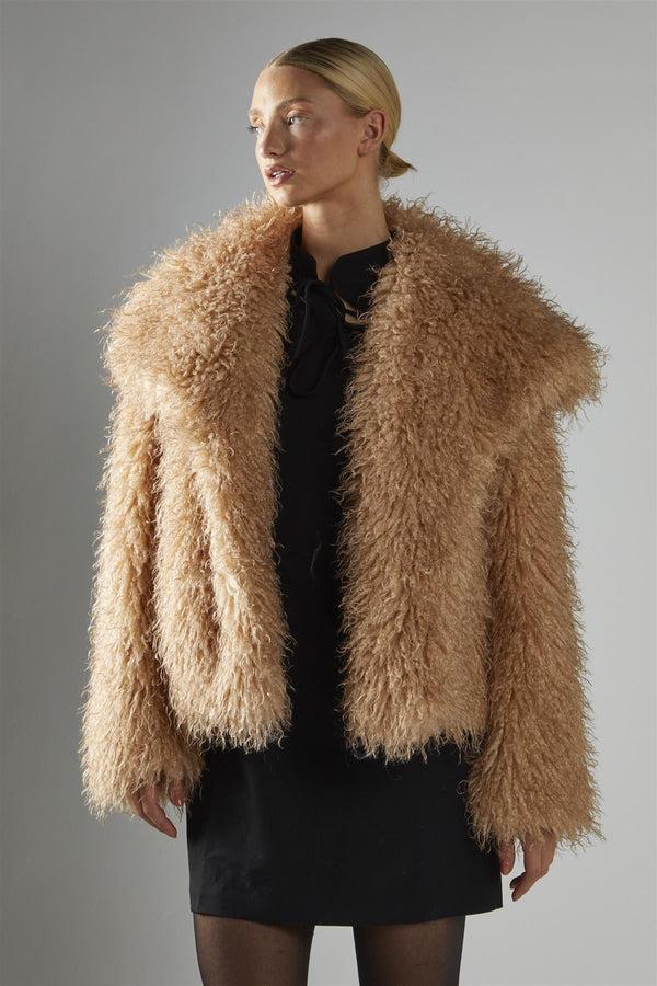 Glamorous Caramel Oversized-Collar Faux- Fur Coat