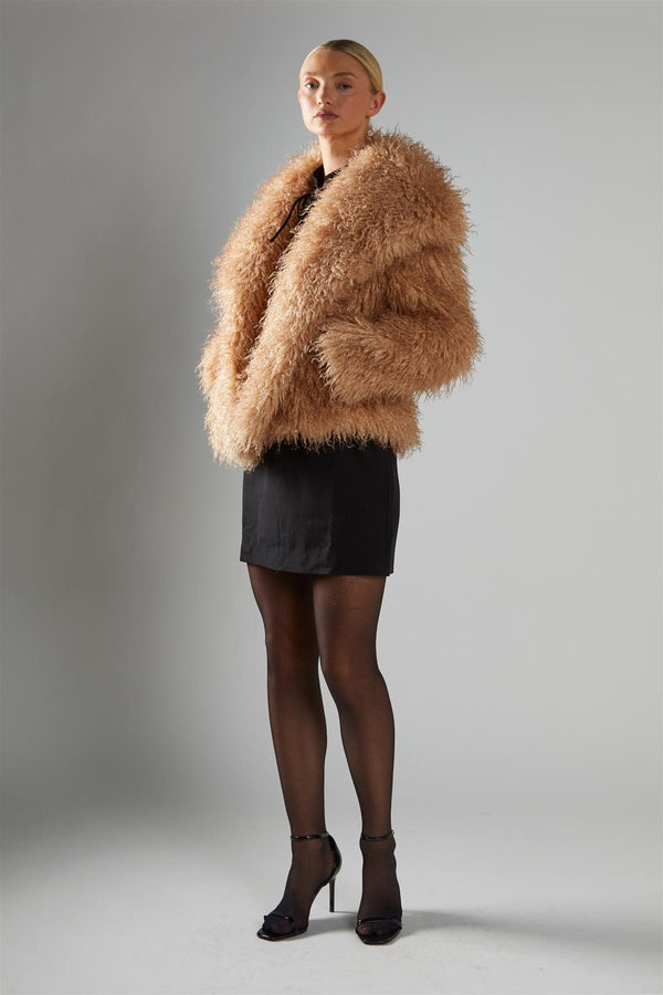 glamorous Caramel Oversized-Collar Faux- Fur Coat