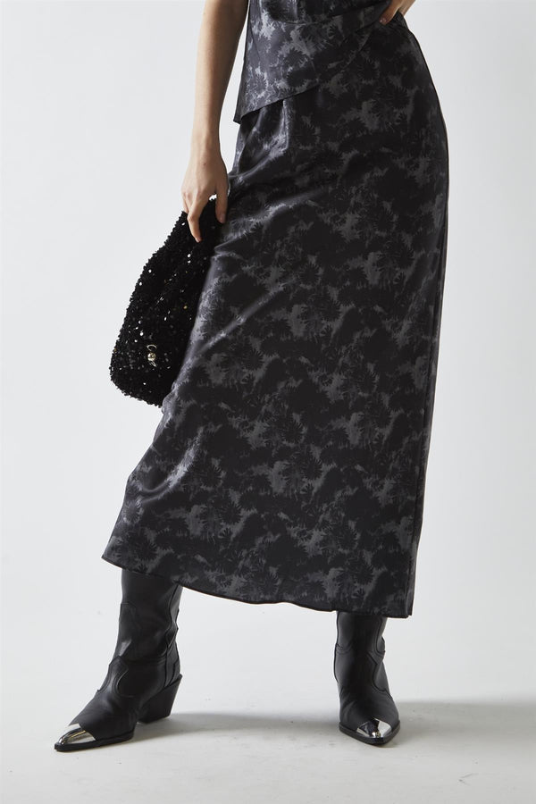 Glamorous Charcoal Digital-Floral Midi Skirt
