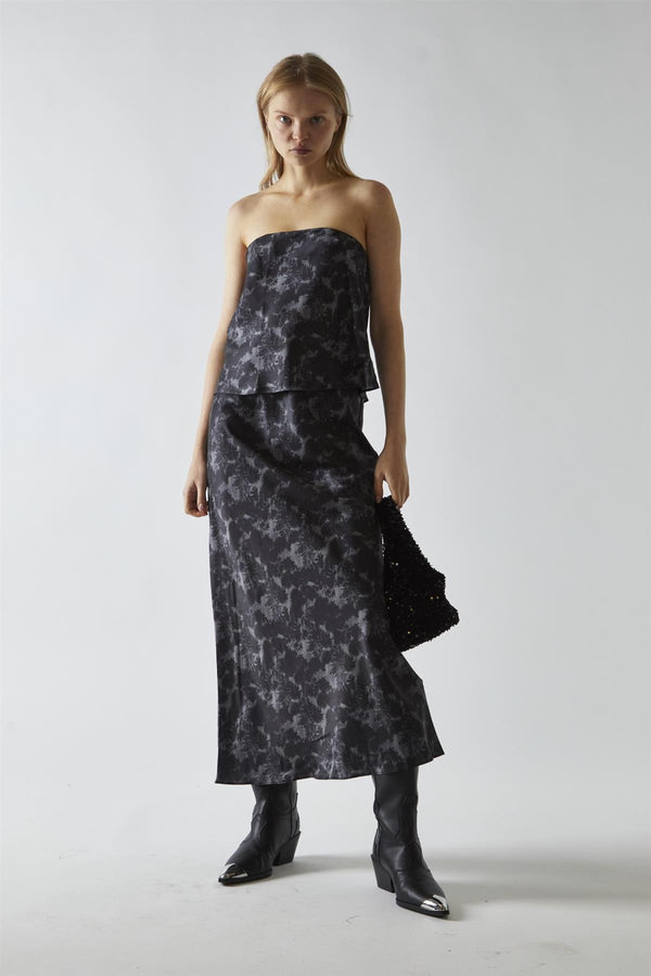 glamorous Charcoal Digital-Floral Midi Skirt