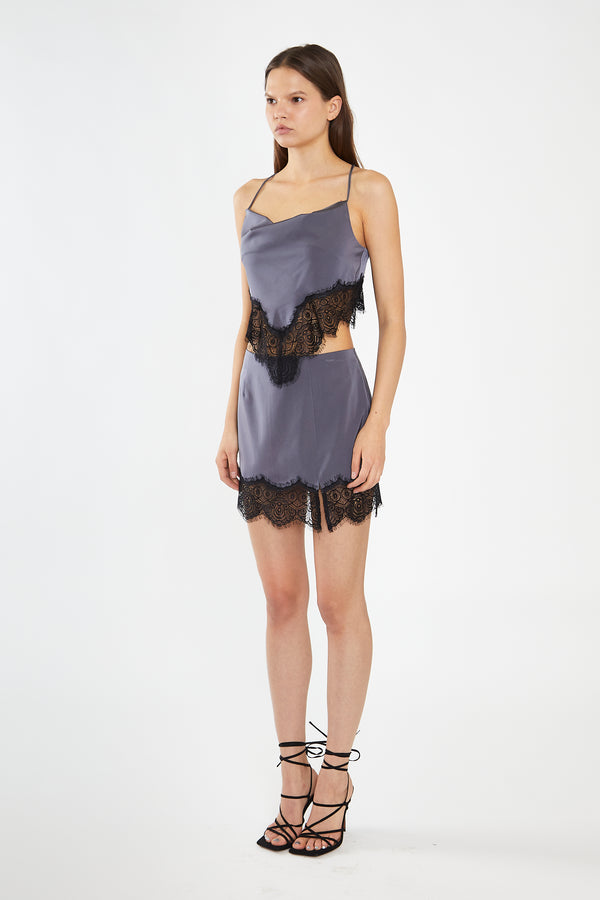 Glamorous Charcoal-Grey Black Lace-Trim Mini-Skirt
