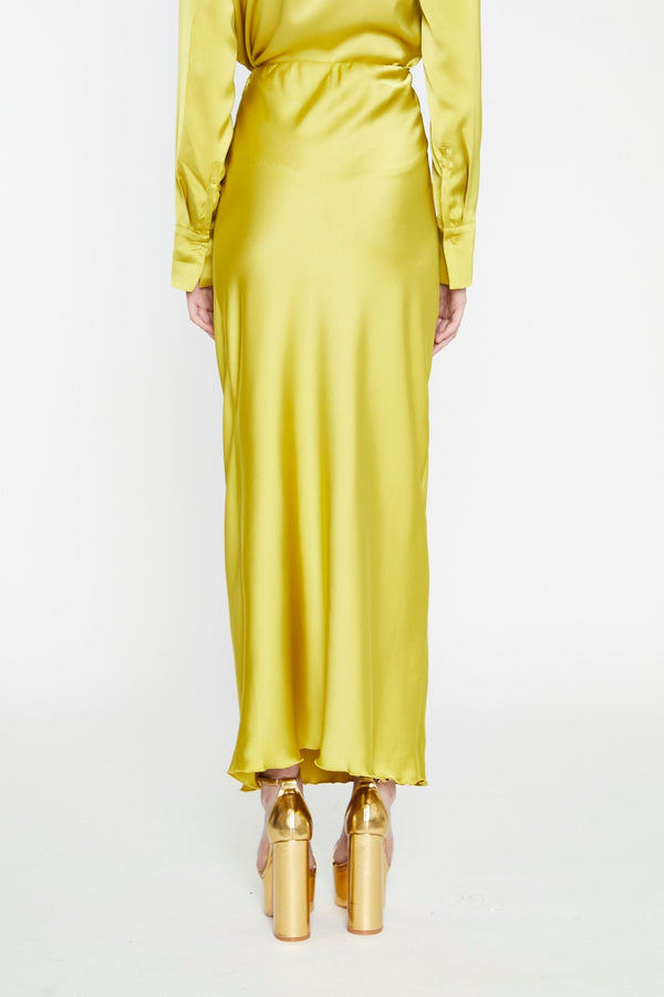 Glamorous Chartreuse Satin Bias-Cut Midi-Skirt
